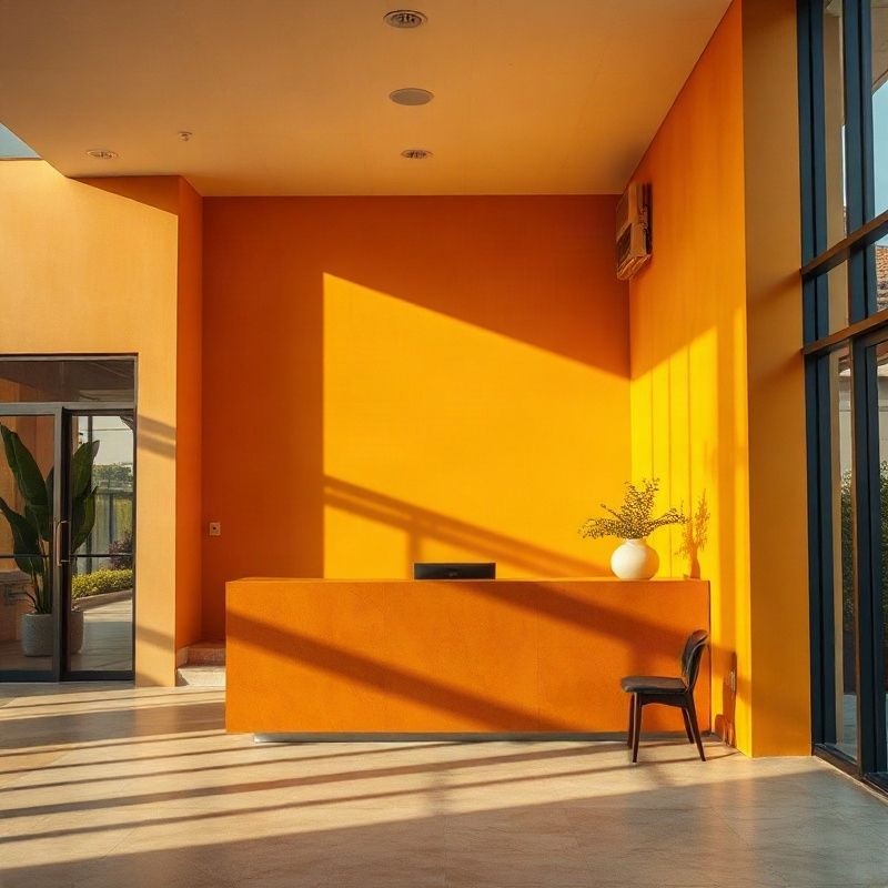 Welcoming reception desk in an amber-gold Belo Horizonte real estate office