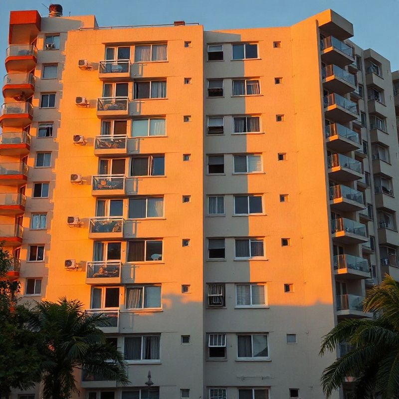 Mid-rise residential building facade in Belo Horizonte Sul at golden hour
