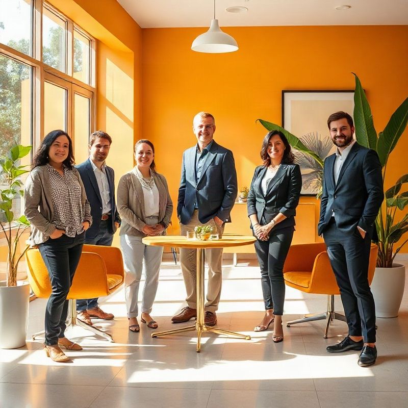 Small professional real estate team in a bright amber-gold Belo Horizonte office