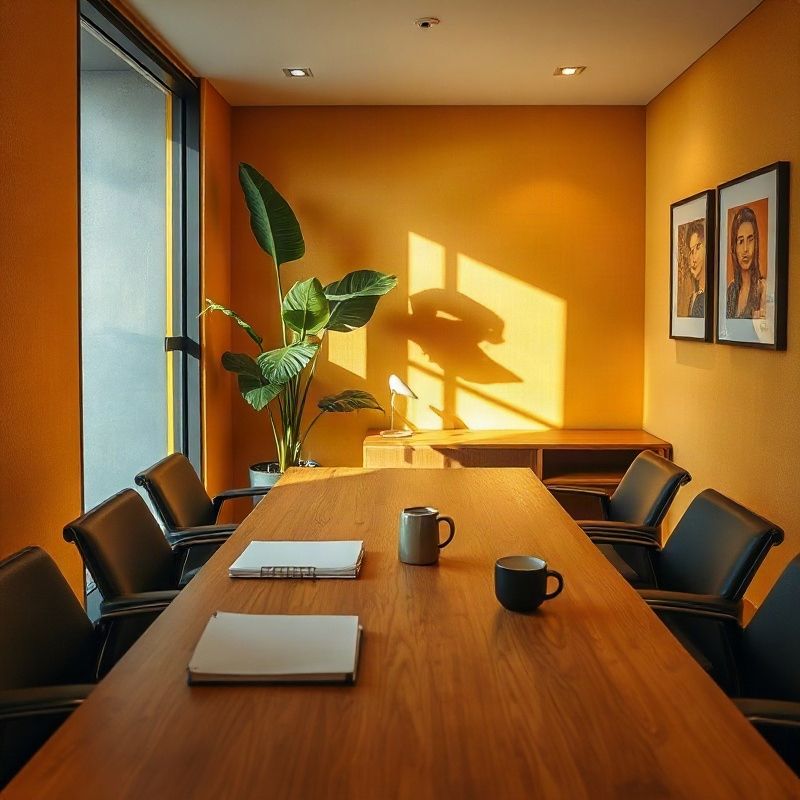Calm private meeting room in an amber-gold Belo Horizonte office