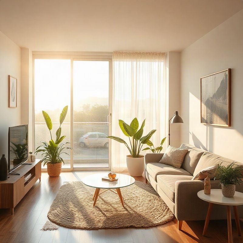 Bright modern apartment living space in Belo Horizonte with amber afternoon light