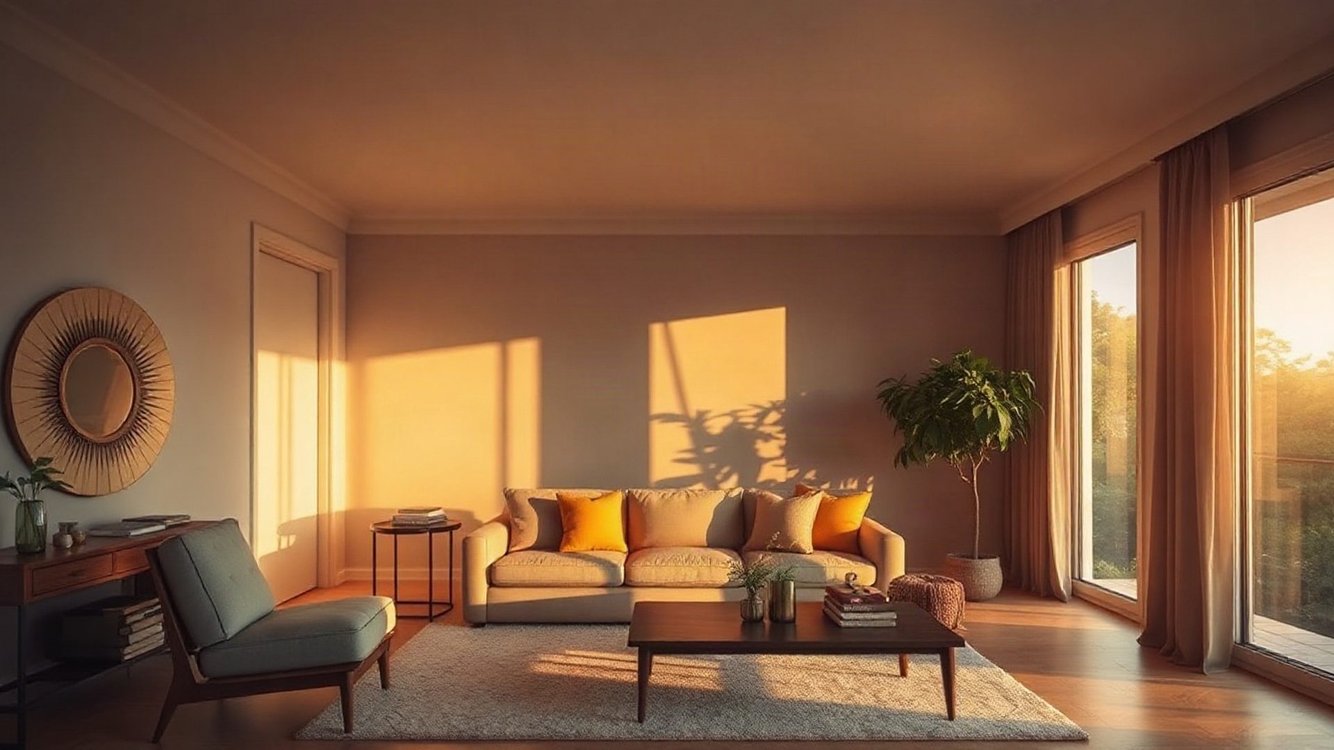 Sunlit luxury apartment interior in Belo Horizonte with amber-gold afternoon light